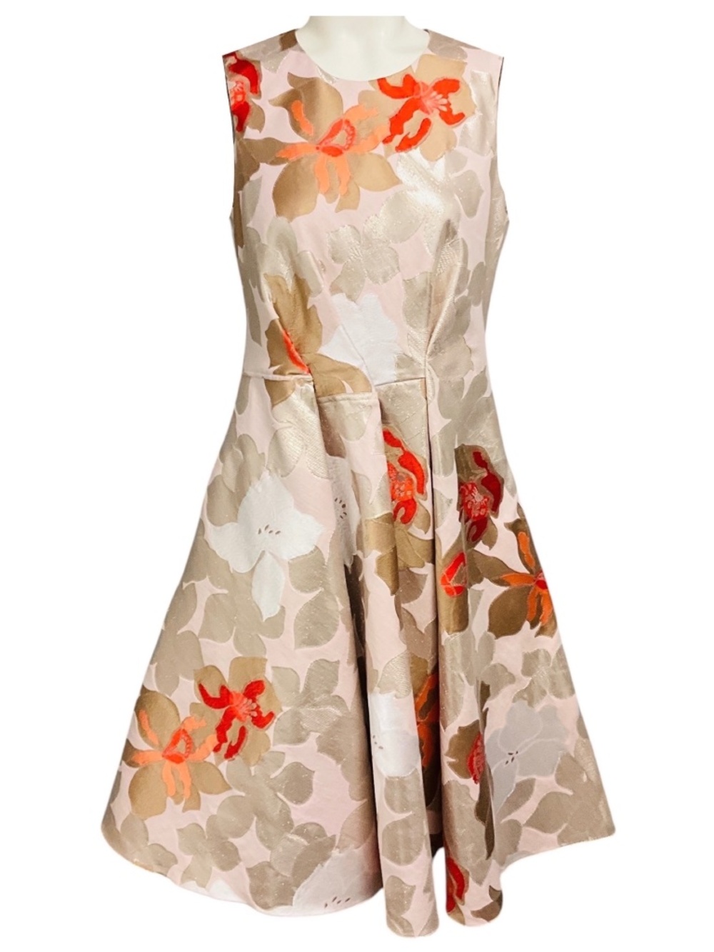 PAULE KA LIGHT PINK MULTI METALLIC FLORAL JACQUARD FLARED SLEEVELESS A-LINE DRES
